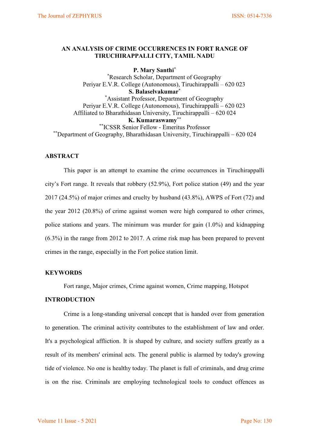 An Analysis of Crime Occurrences in Fort Range of Tiruchirappalli City, Tamil Nadu