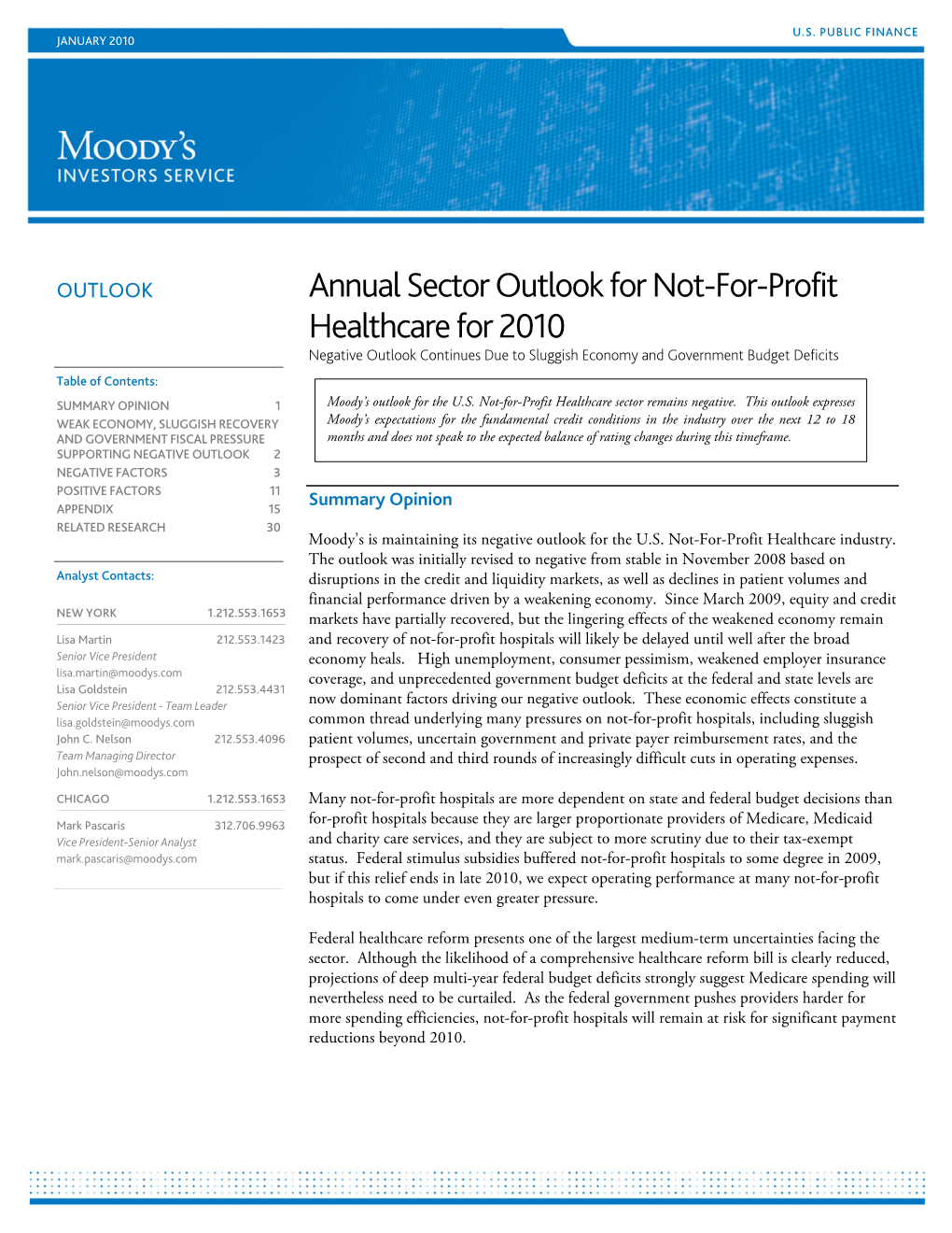 Annual Sector Outlook for Not-For-Profit Healthcare for 2010