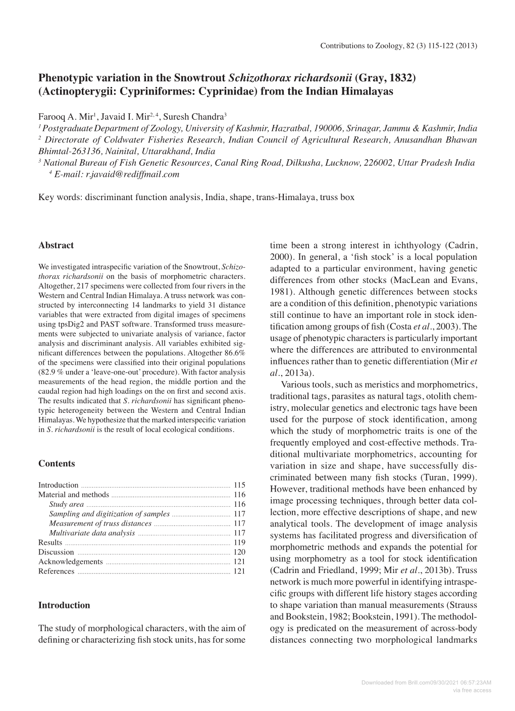 Phenotypic Variation in the Snowtrout Schizothorax Richardsonii (Gray, 1832) (Actinopterygii: Cypriniformes: Cyprinidae) from the Indian Himalayas