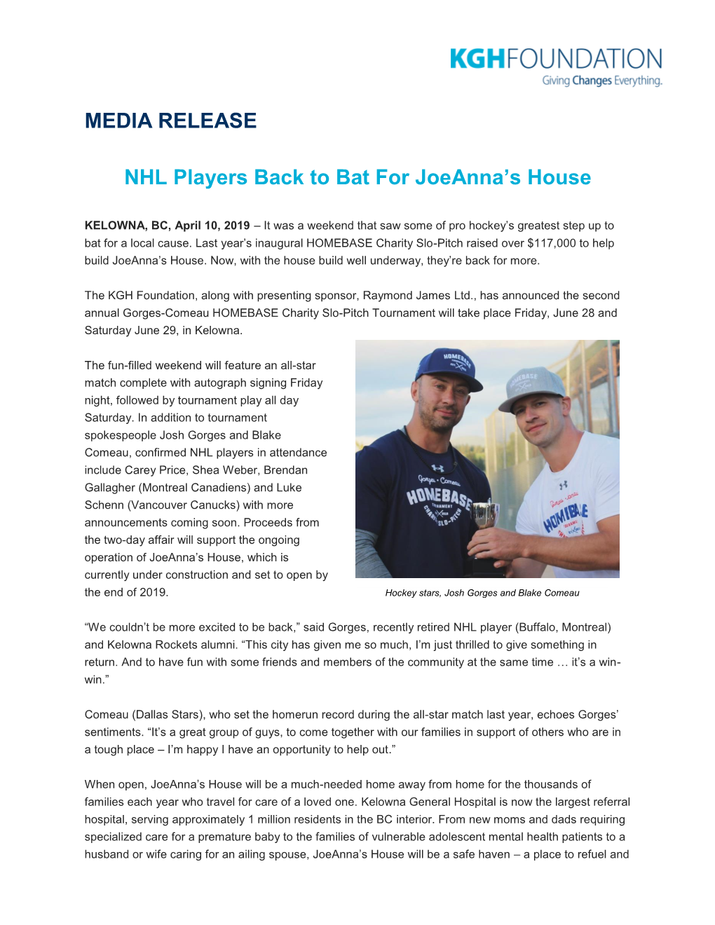 MEDIA RELEASE NHL Players Back to Bat for Joeanna's House