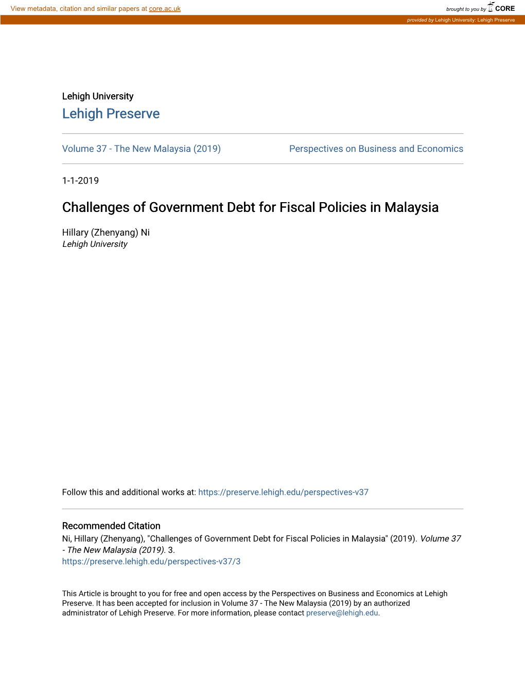 Challenges of Government Debt for Fiscal Policies in Malaysia