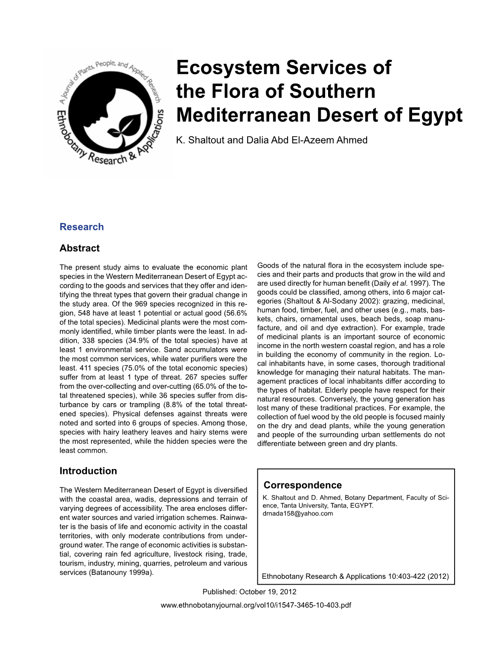 Ecosystem Services of the Flora of Southern Mediterranean Desert of Egypt K