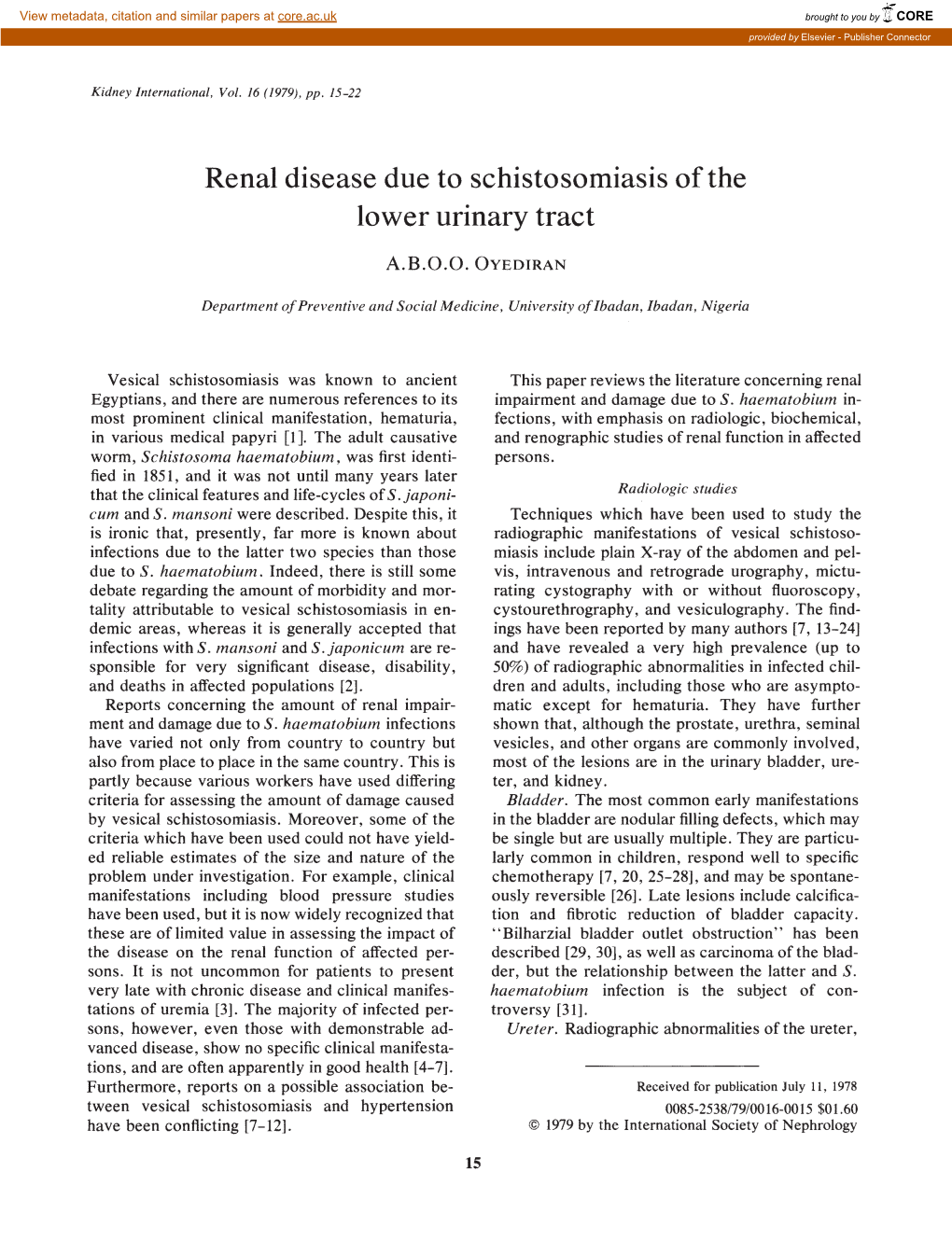 Renal Disease Due to Schistosomiasis of the Lower Urinary Tract