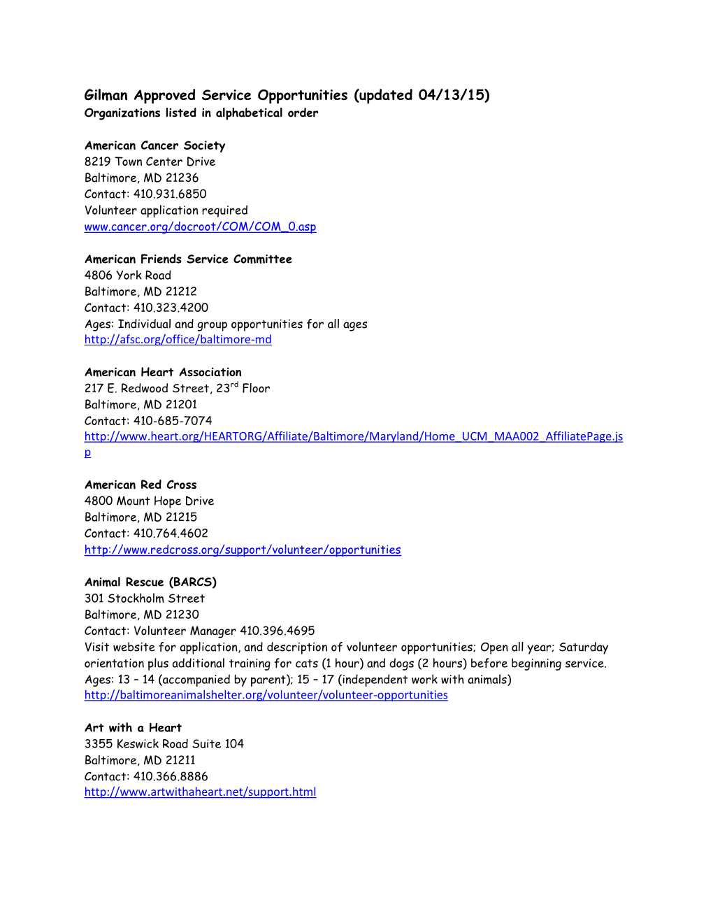 Gilman Approved Service Opportunities (Updated 04/13/15) Organizations Listed in Alphabetical Order