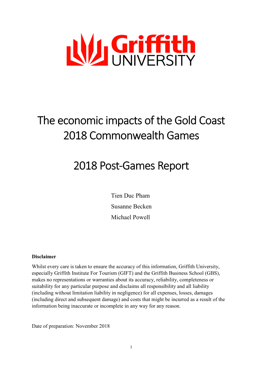 The Economic Impacts of the Gold Coast 2018 Commonwealth Games