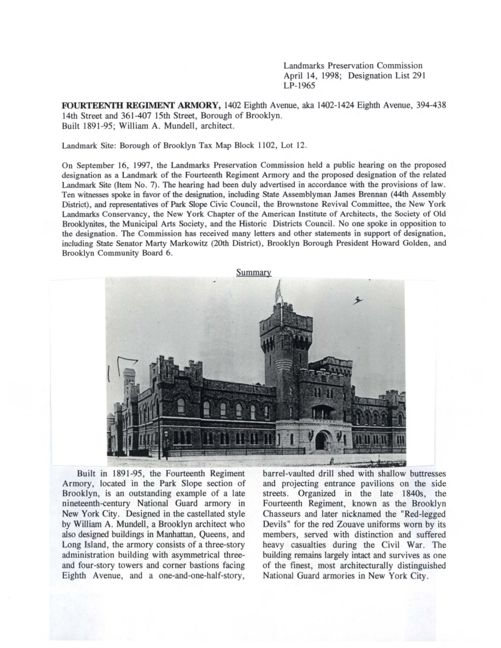 14Th Regiment Armory, 1402 Eighth Avenue, Borough of Brooklyn