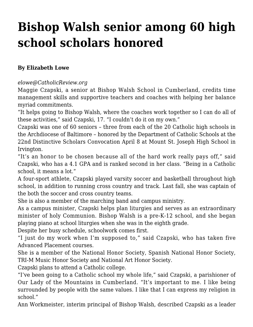 Bishop Walsh Senior Among 60 High School Scholars Honored