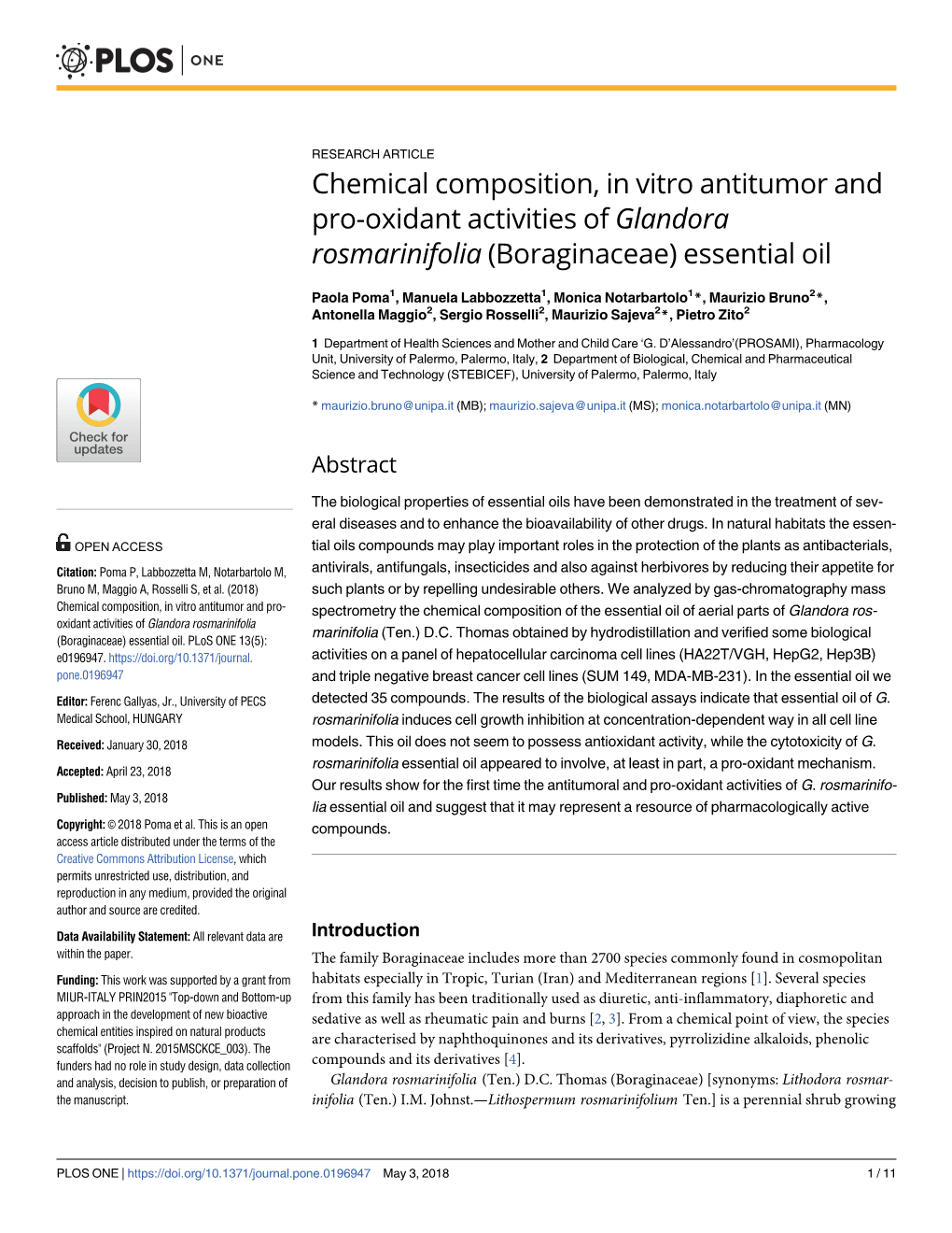 Chemical Composition, in Vitro Antitumor and Pro-Oxidant Activities of Glandora Rosmarinifolia (Boraginaceae) Essential Oil