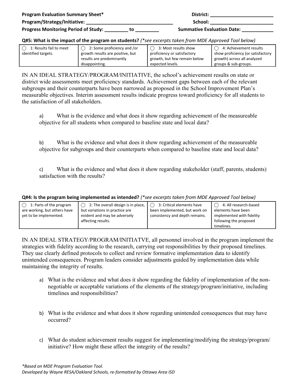 Program Evaluation Summary Sheet* District: ______