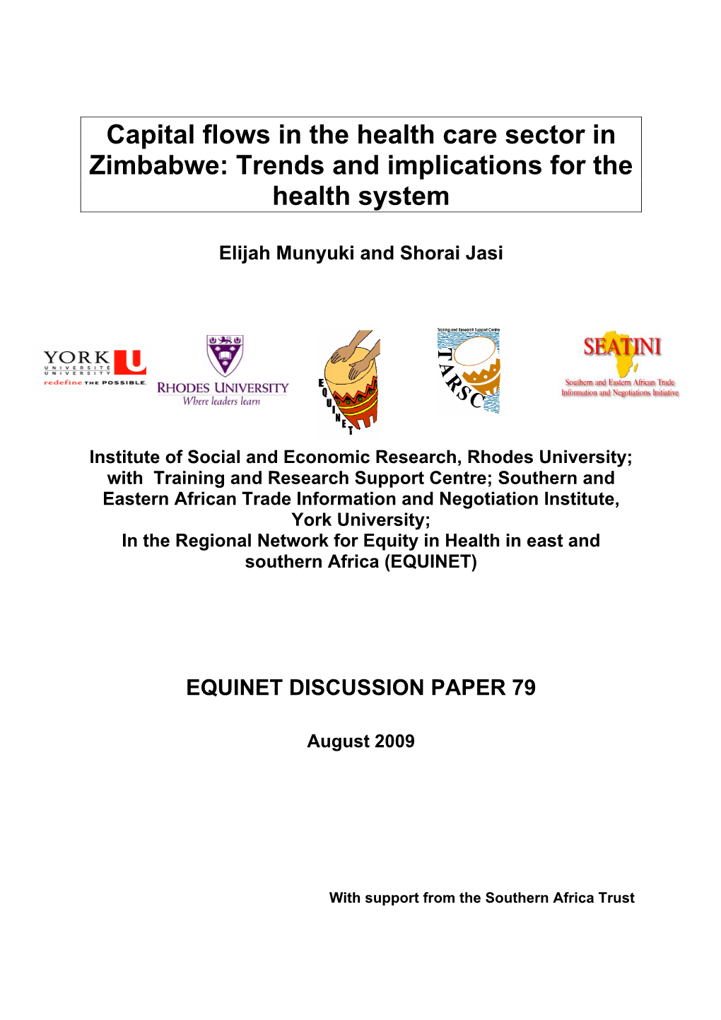 Capital Flows in the Health Care Sector in Zimbabwe: Trends and Implications for the Health System
