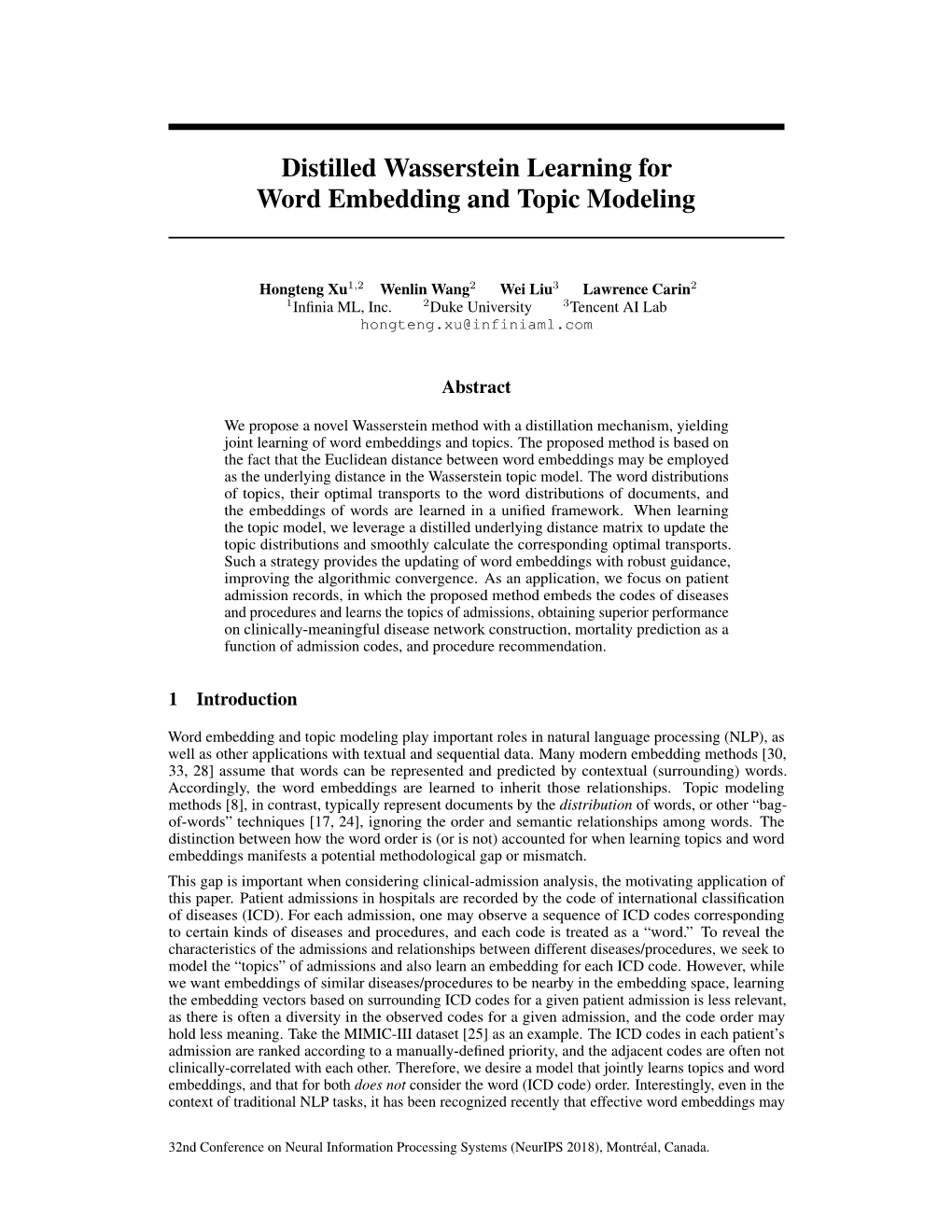 Distilled Wasserstein Learning for Word Embedding and Topic Modeling