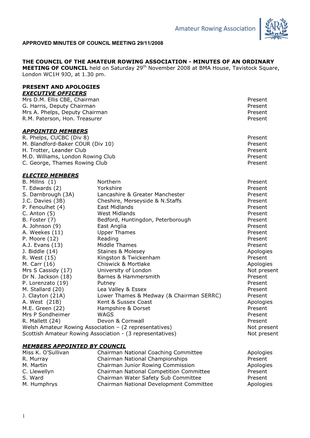 THE COUNCIL of the AMATEUR ROWING ASSOCIATION MINUTES of an ORDINARY MEETING of COUNCIL Held on Saturday 1St October 2005 at T