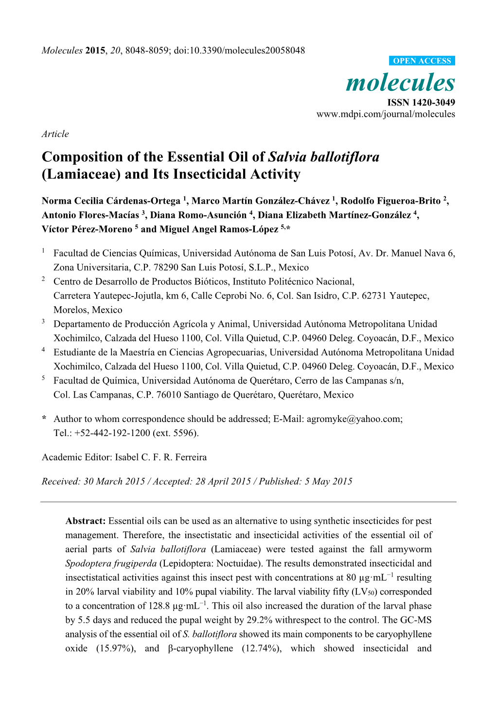 Composition of the Essential Oil of Salvia Ballotiflora (Lamiaceae) and Its Insecticidal Activity