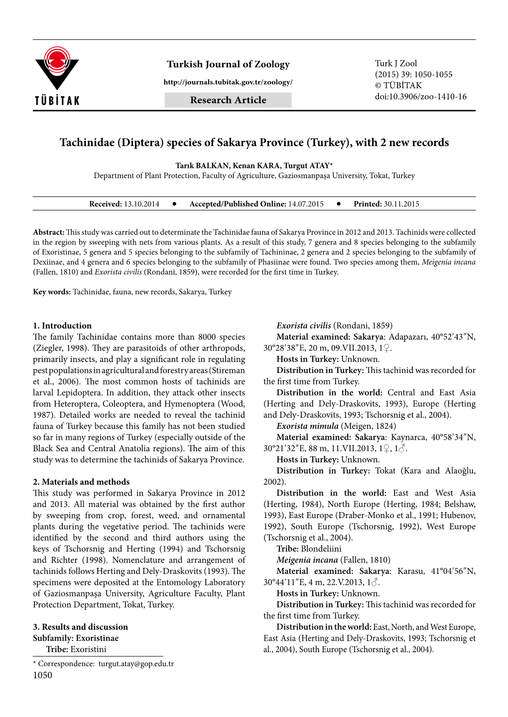 Tachinidae (Diptera) Species of Sakarya Province (Turkey), with 2 New Records