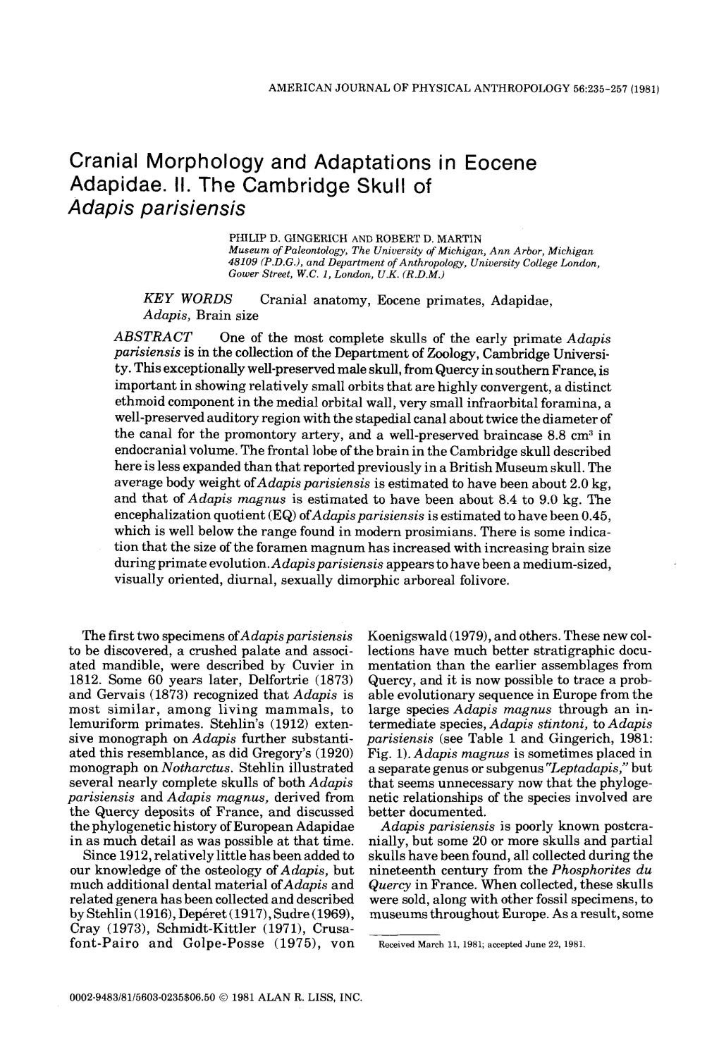 Cranial Morphology and Adaptations in Eocene Adapidae. II. the Cambridge Skull of Adapis Parisiensis