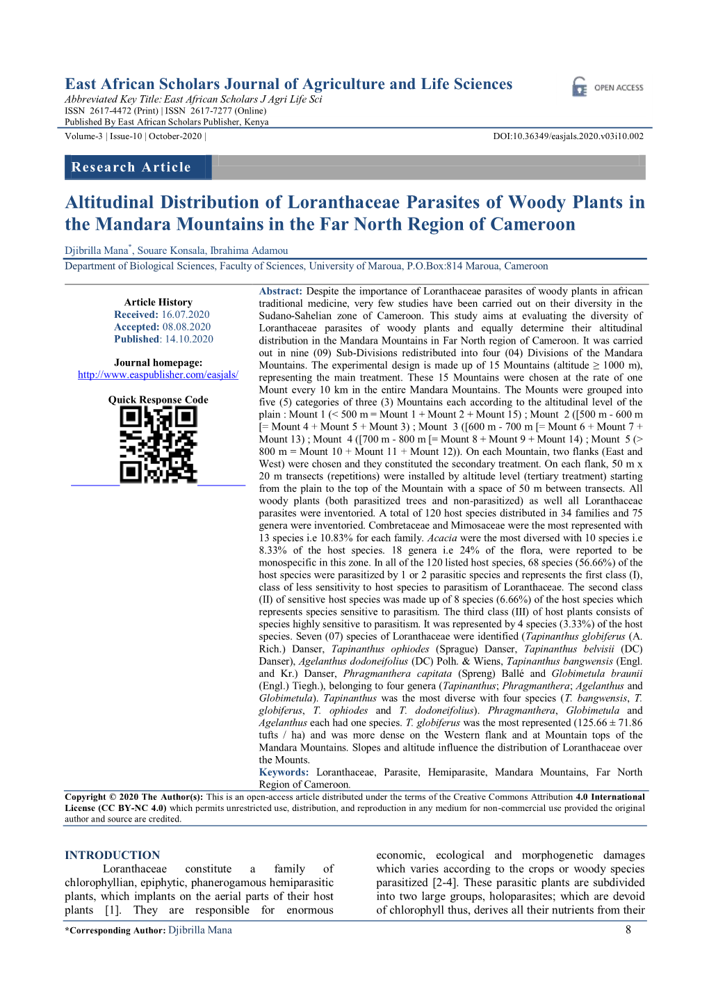 Altitudinal Distribution of Loranthaceae Parasites of Woody Plants in the Mandara Mountains in the Far North Region of Cameroon