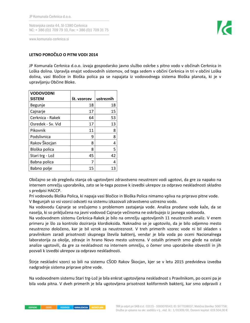 LETNO POROČILO O PITNI VODI 2014 JP Komunala Cerknica D.O.O