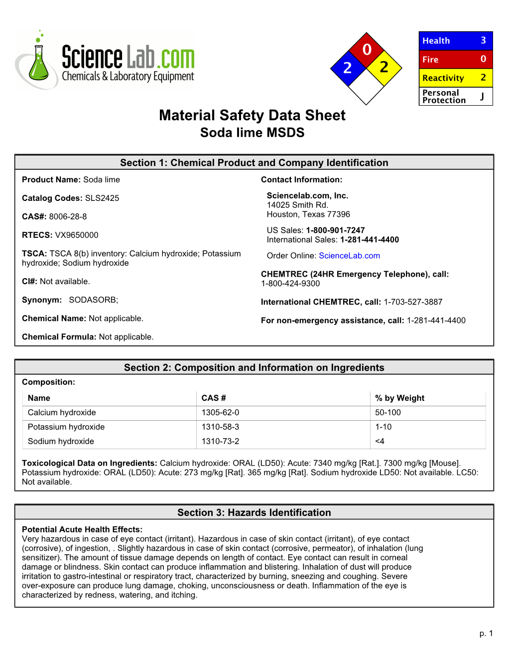 Material Safety Data Sheet Soda Lime MSDS