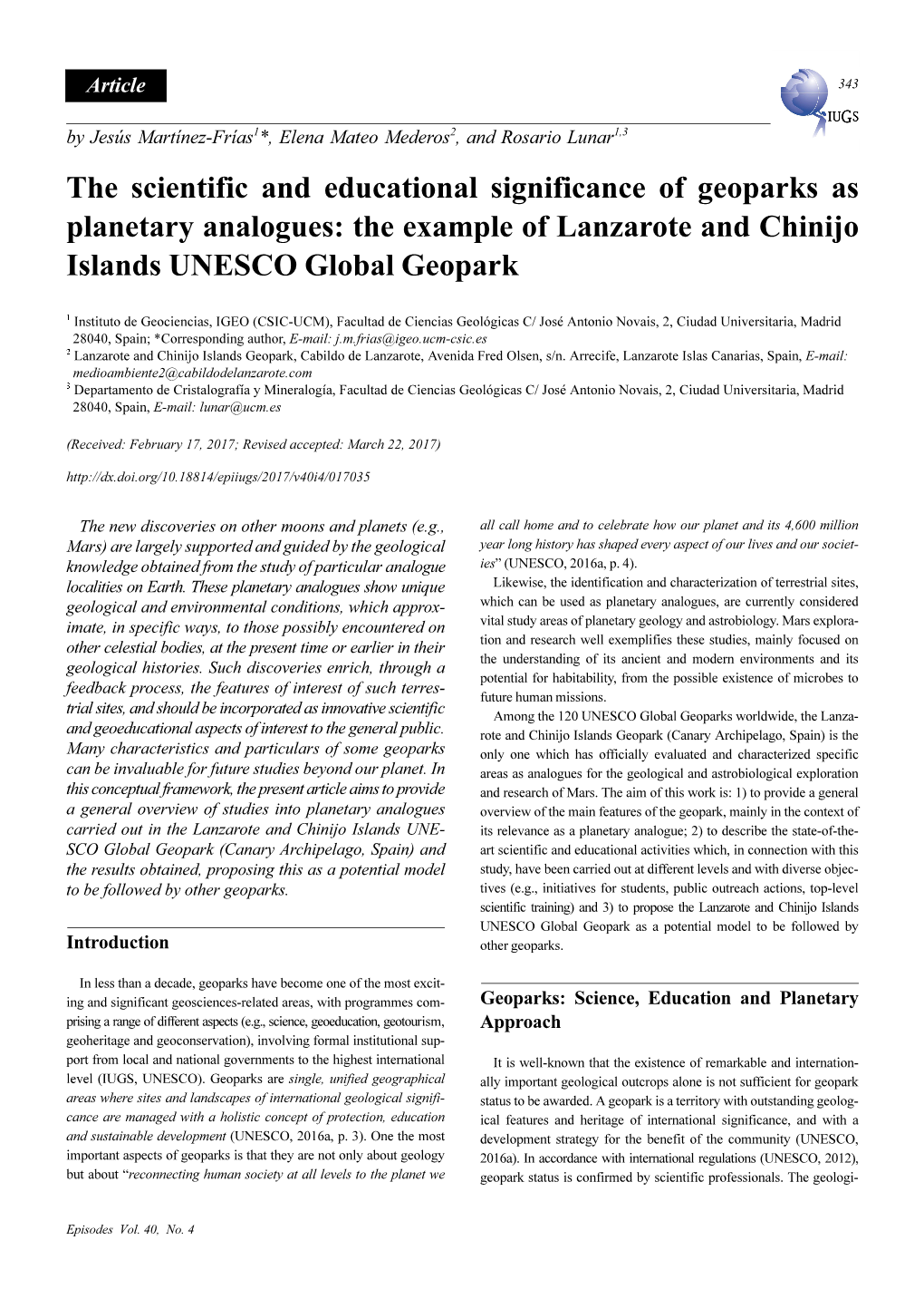 The Scientific and Educational Significance of Geoparks As Planetary Analogues: the Example of Lanzarote and Chinijo Islands UNESCO Global Geopark