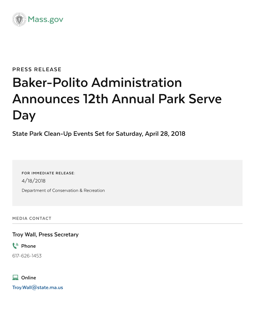Baker-Polito Administration Announces 12Th Annual Park Serve Day State Park Clean-Up Events Set for Saturday, April 28, 2018