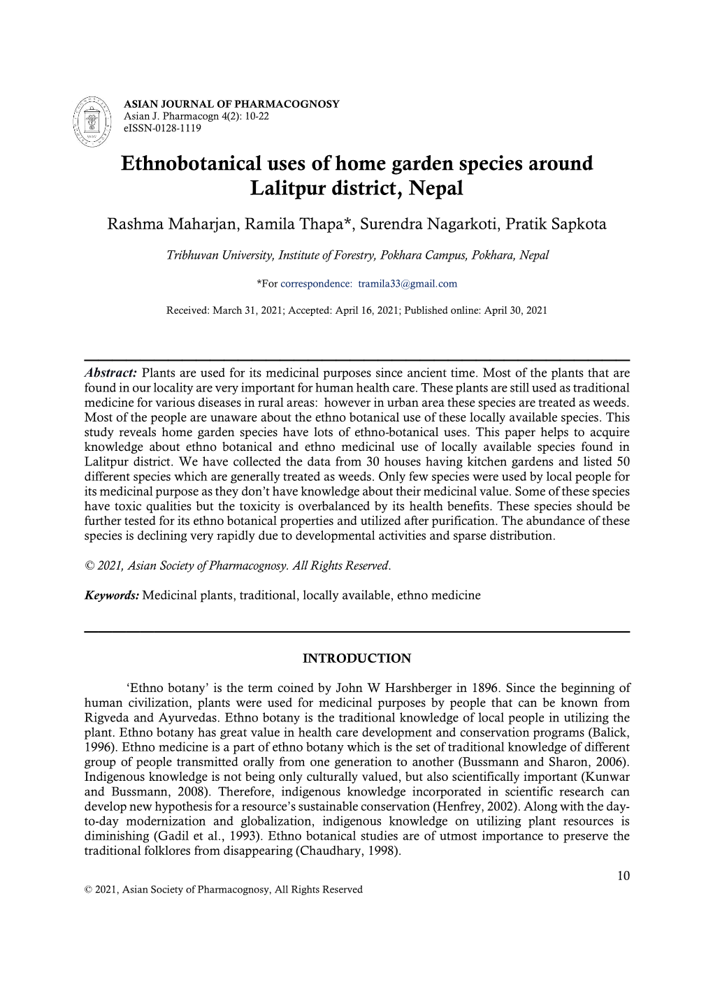 Ethnobotanical Uses of Home Garden Species Around Lalitpur District, Nepal