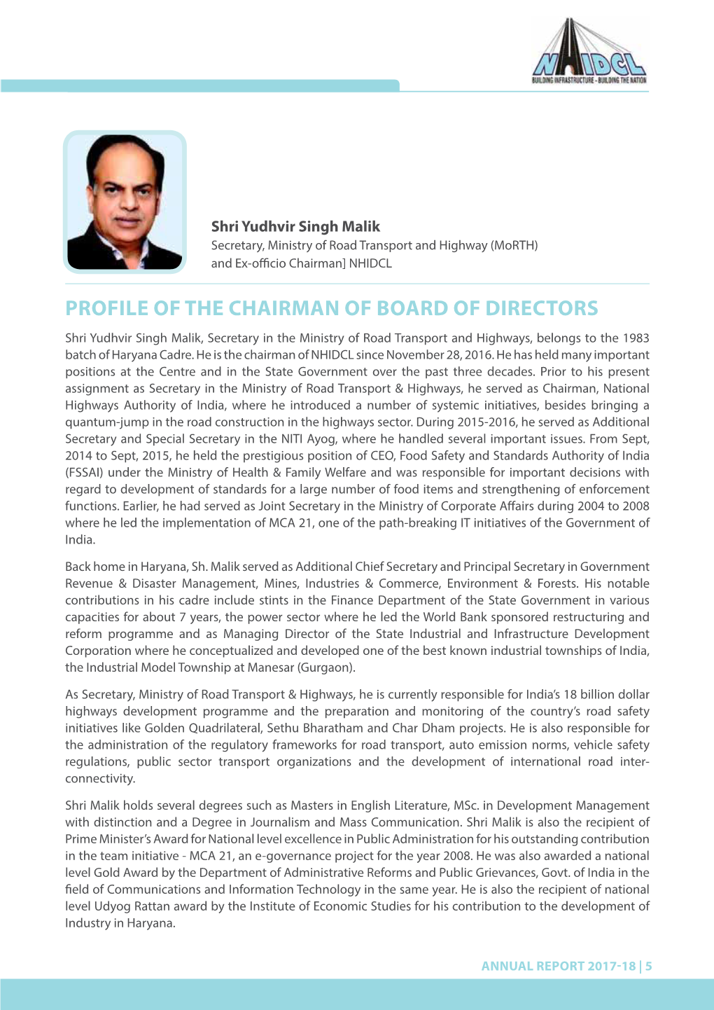 Profile of the Chairman of Board of Directors