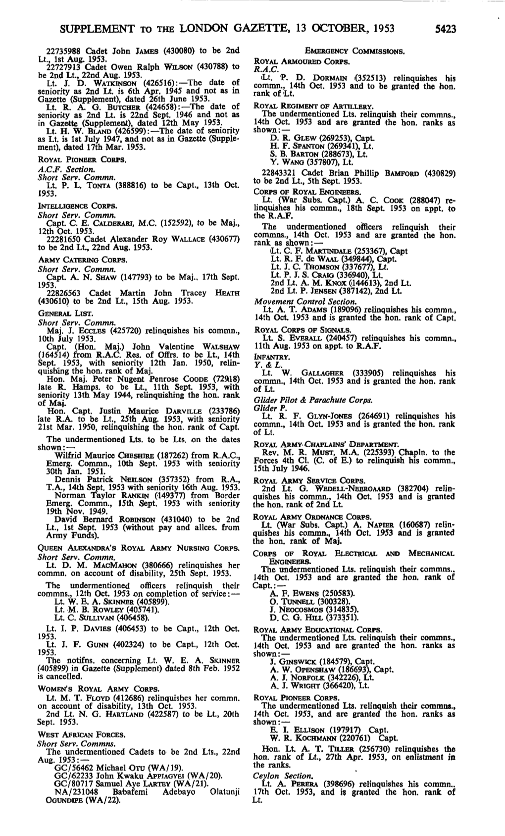 Supplement to the London Gazette, 13 October, 1953 5423