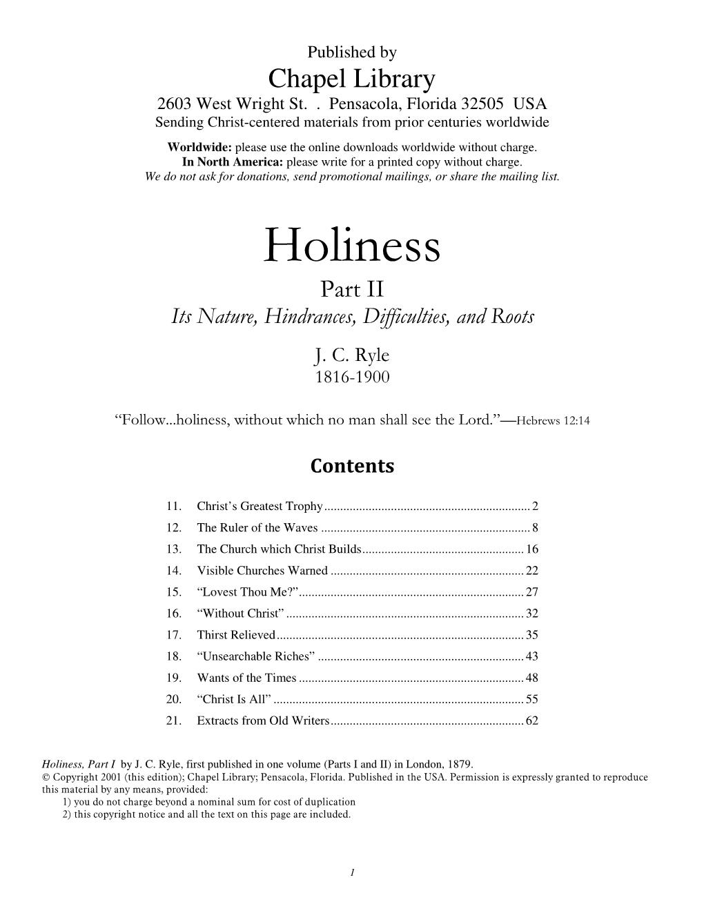 Holiness Part II Its Nature, Hindrances, Difficulties, and Roots