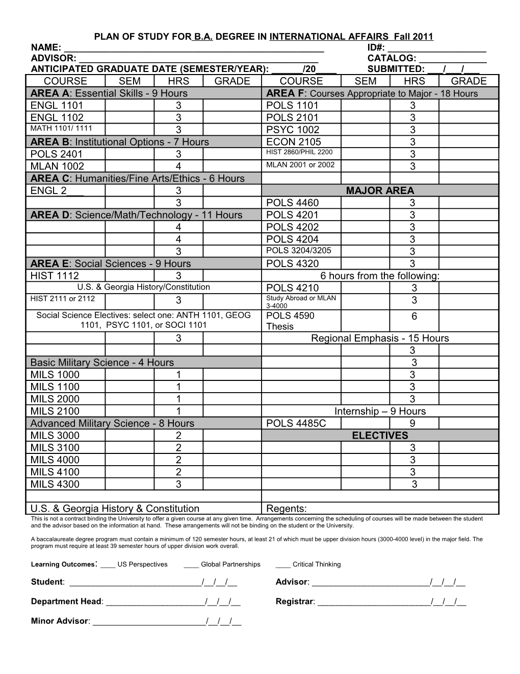 PLAN of STUDY for B.A. DEGREE in INTERNATIONAL AFFAIRS Fall 2011