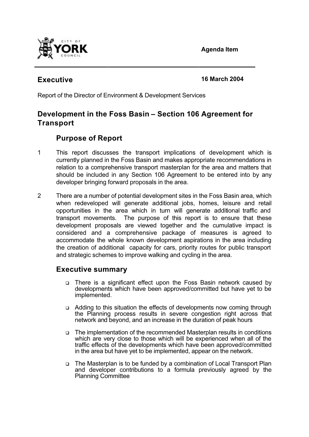 Development in the Foss Basin – Section 106 Agreement for Transport