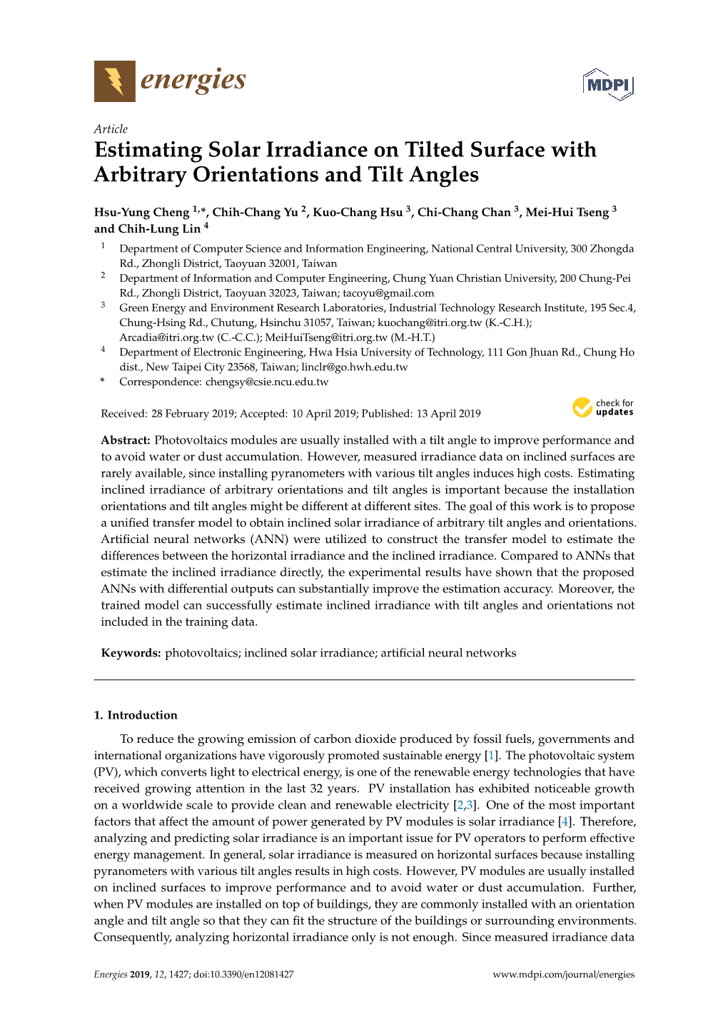 Estimating Solar Irradiance on Tilted Surface with Arbitrary Orientations and Tilt Angles