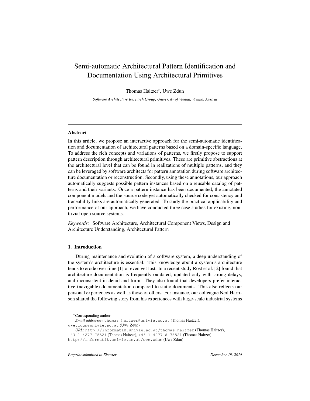 Semi-Automatic Architectural Pattern Identification and Documentation