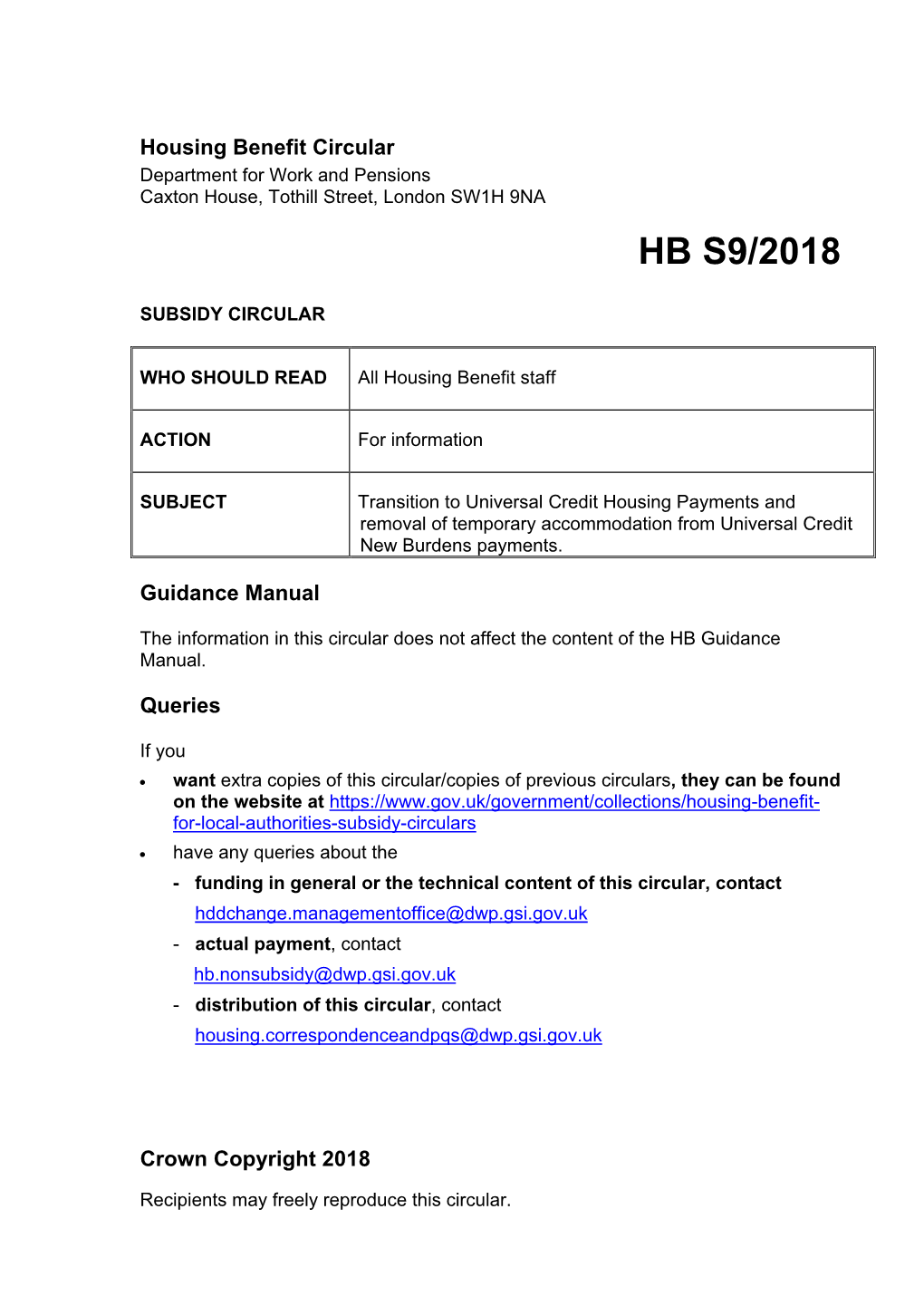 S9/2018 Transition to Universal Credit Housing Payments And