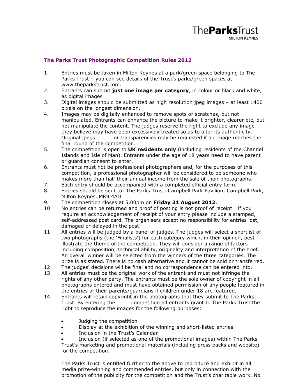 The Parks Trust Photographic Competition Rules 2008