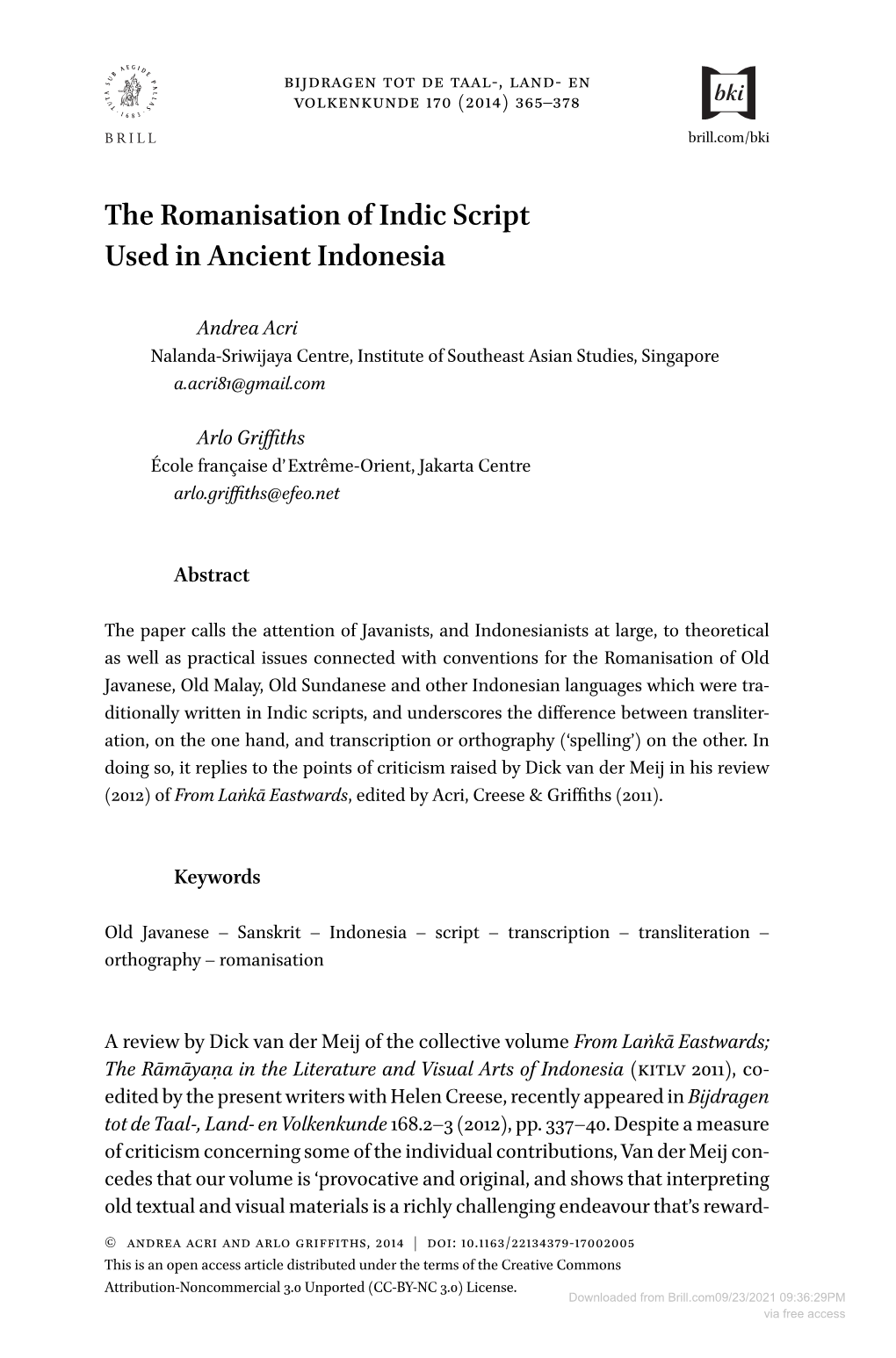 The Romanisation of Indic Script Used in Ancient Indonesia