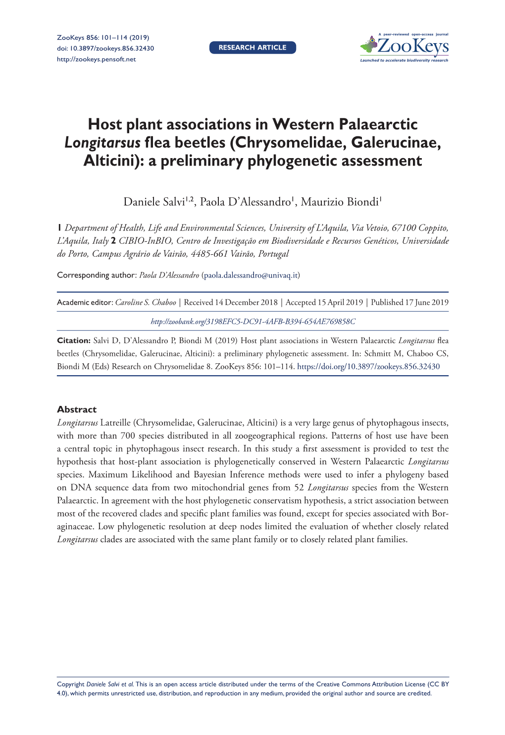 Host Plant Associations in Western Palaearctic Longitarsus Flea Beetles (Chrysomelidae, Galerucinae, Alticini): a Preliminary Phylogenetic Assessment