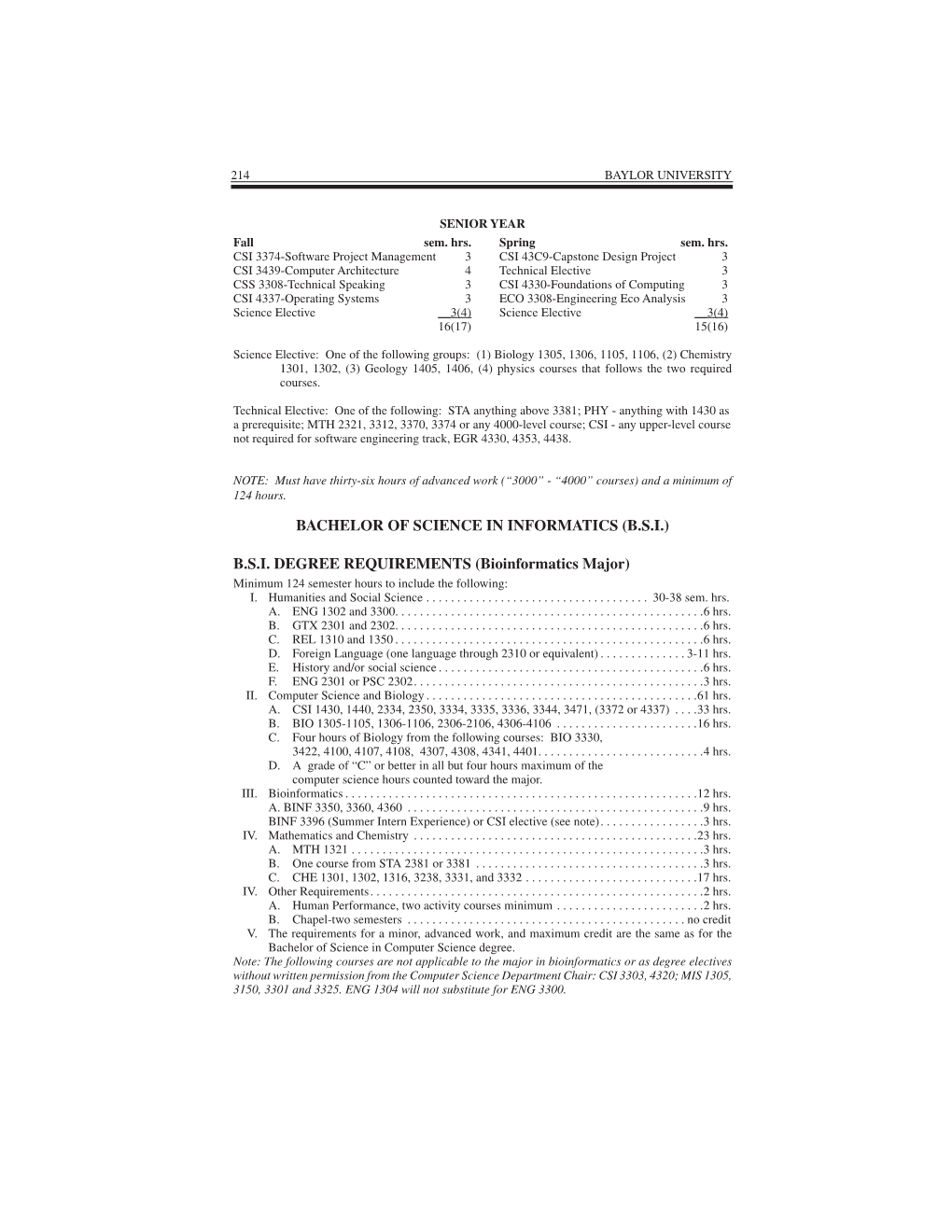 BSI DEGREE REQUIREMENTS (Bioinformatics Major)