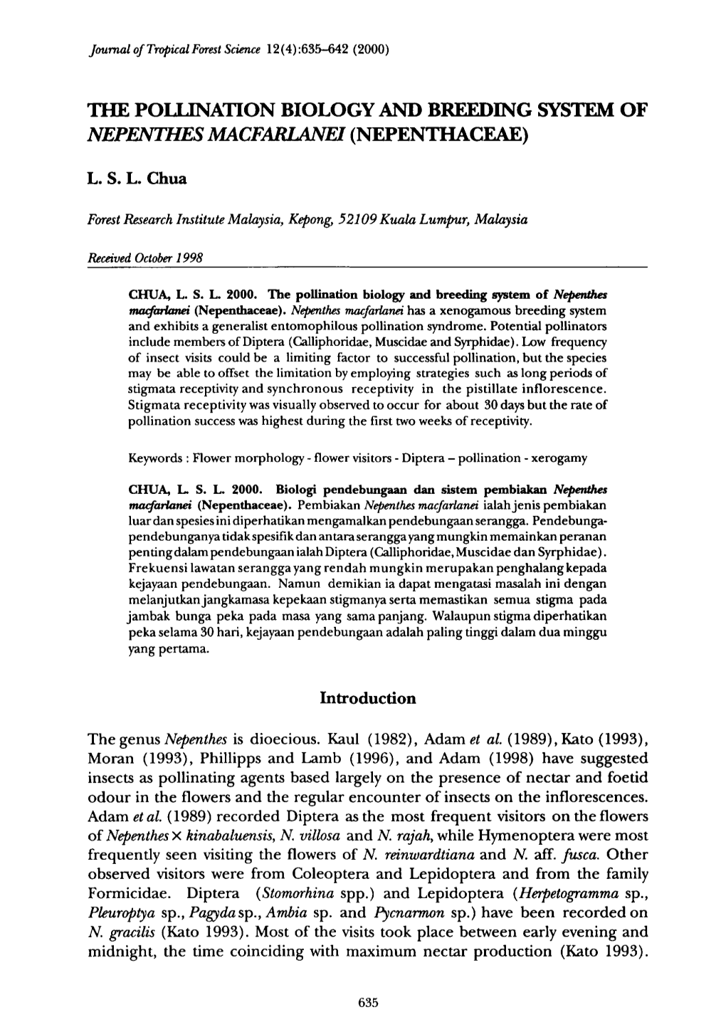 The Pollination Biology and Breeding System of Nepenthes Macfaklanei (Nepenthaceae)