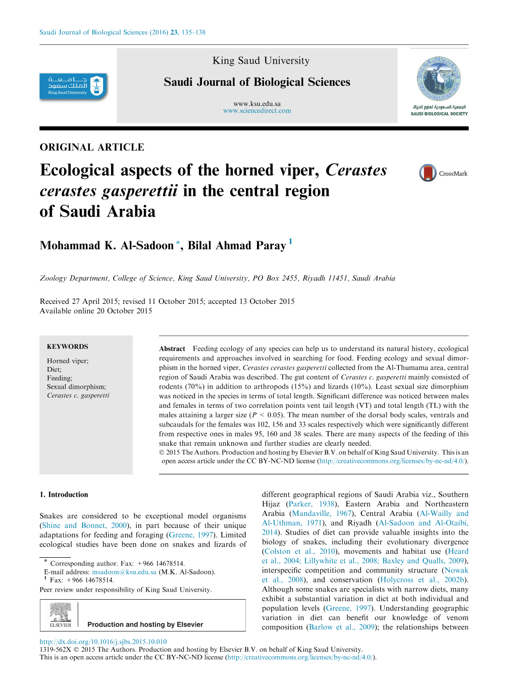 Ecological Aspects of the Horned Viper, Cerastes Cerastes Gasperettii in the Central Region of Saudi Arabia