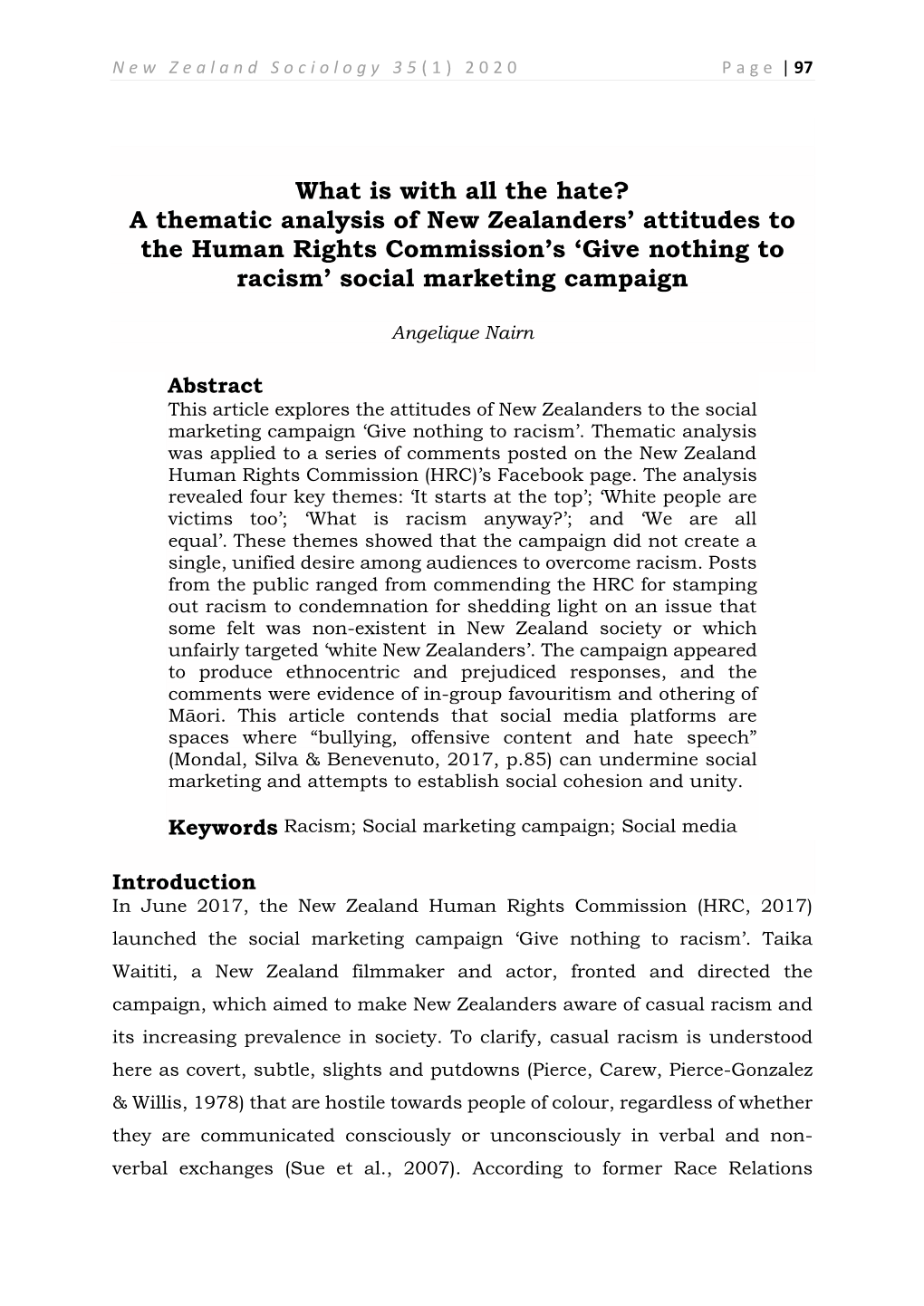 What Is with All the Hate? a Thematic Analysis of New Zealanders’ Attitudes to the Human Rights Commission’S ‘Give Nothing to Racism’ Social Marketing Campaign