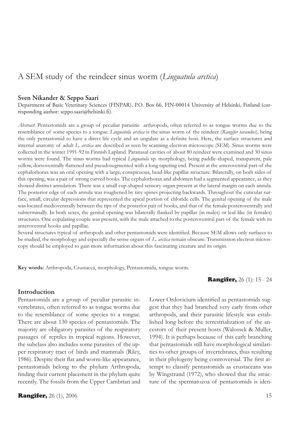 A SEM Study of the Reindeer Sinus Worm (Linguatula Arctica)