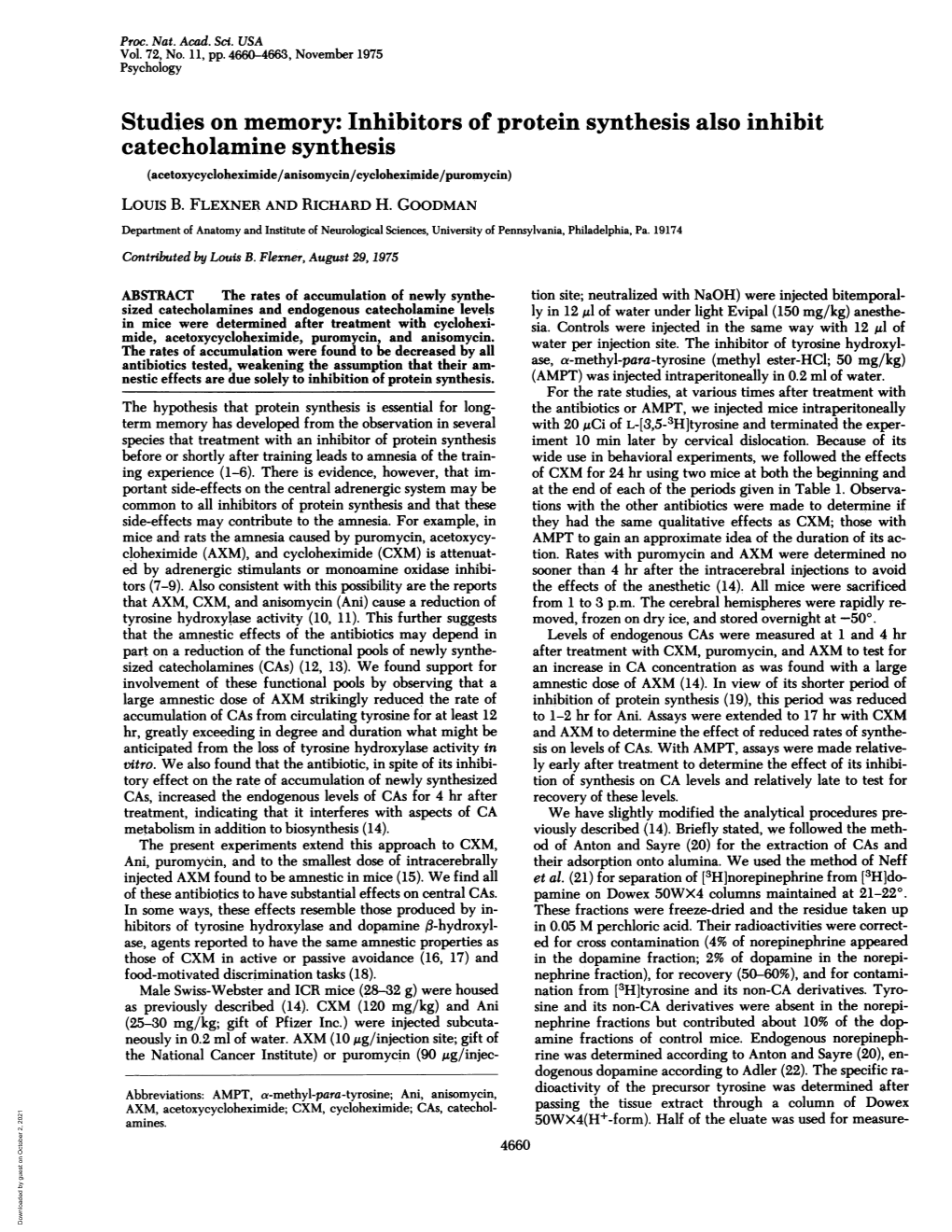 Studies on Memory: Inhibitors of Protein Synthesis Also Inhibit Catecholamine Synthesis (Acetoxycycloheximide/Anisomycin/Cycloheximide/Duromycin) Louis B