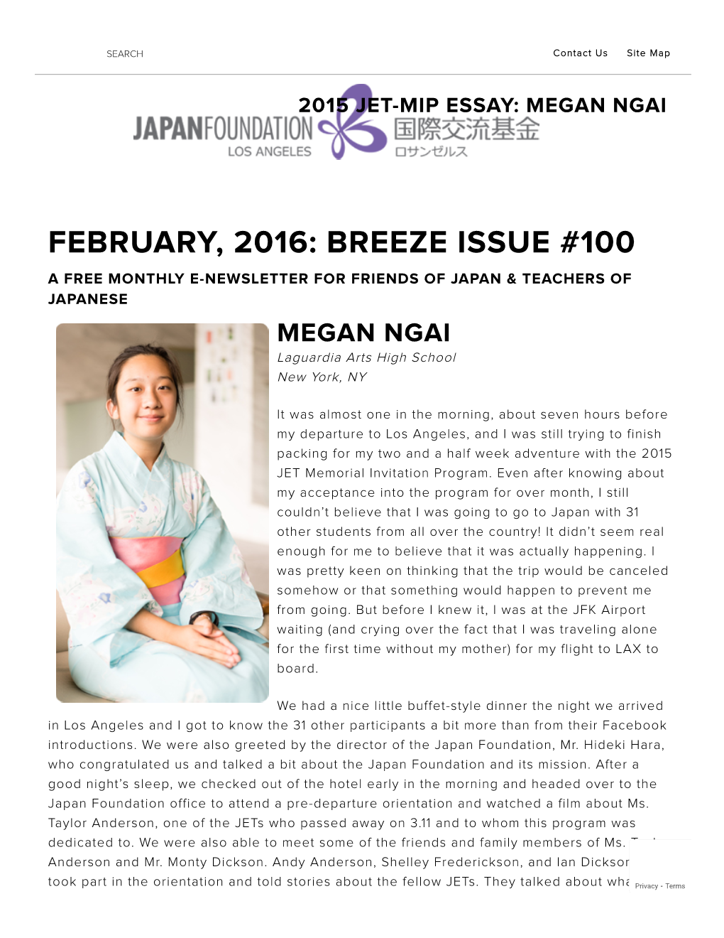 BREEZE ISSUE #100 a FREE MONTHLY E-NEWSLETTER for FRIENDS of JAPAN & TEACHERS of JAPANESE MEGAN NGAI Laguardia Arts High School New York, NY