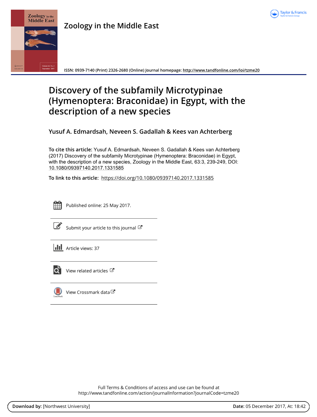 (Hymenoptera: Braconidae) in Egypt, with the Description of a New Species