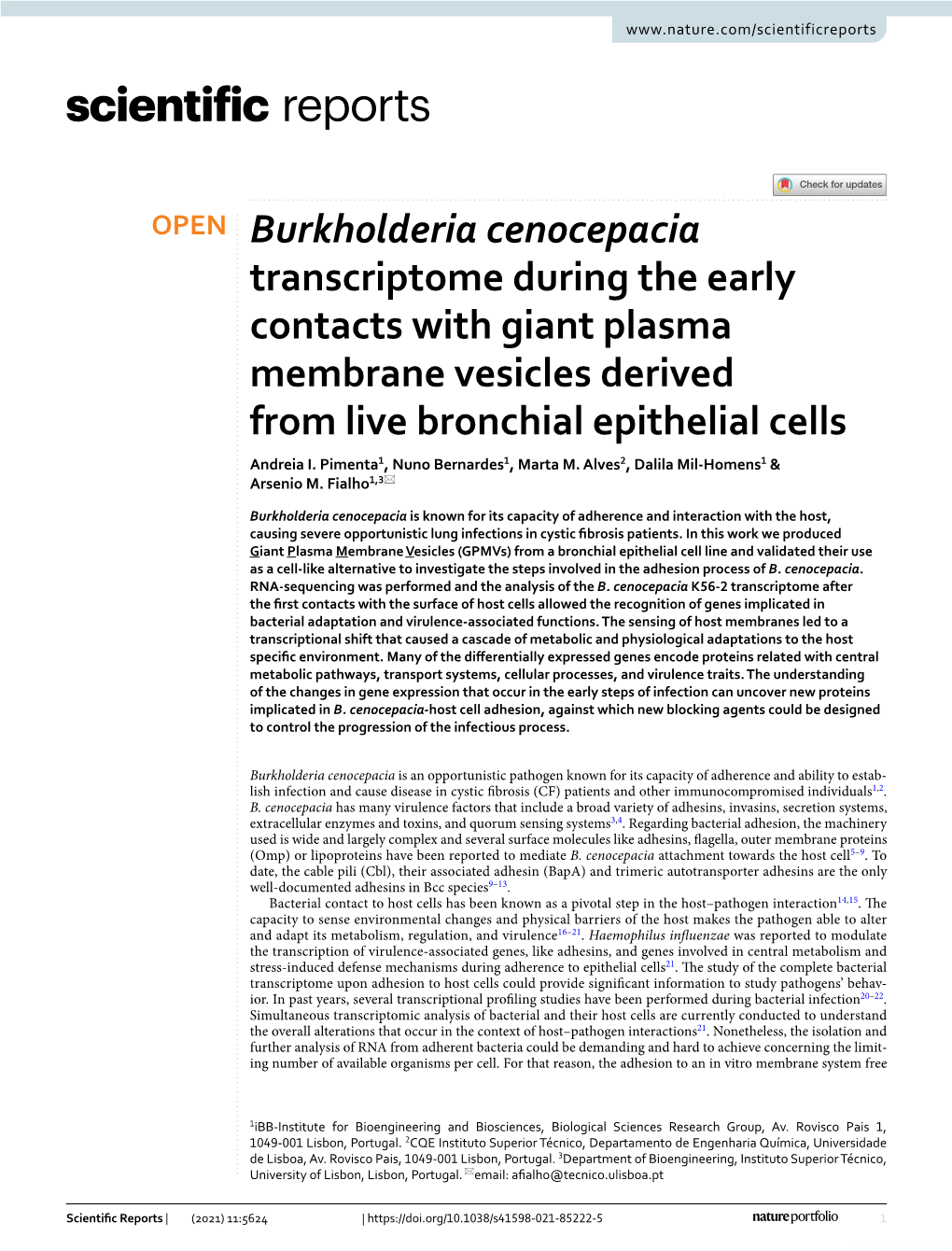 Burkholderia Cenocepacia Transcriptome During the Early Contacts with Giant Plasma Membrane Vesicles Derived from Live Bronchial Epithelial Cells Andreia I