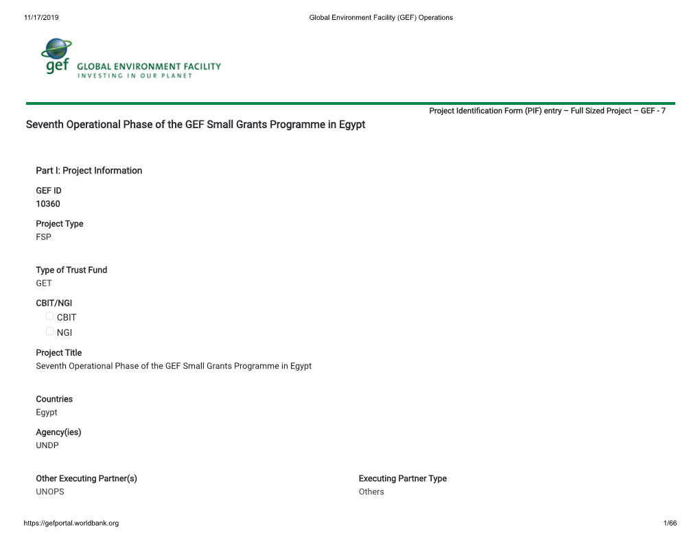 PIF) Entry – Full Sized Project – GEF - 7 Seventh Operational Phase of the GEF Small Grants Programme in Egypt