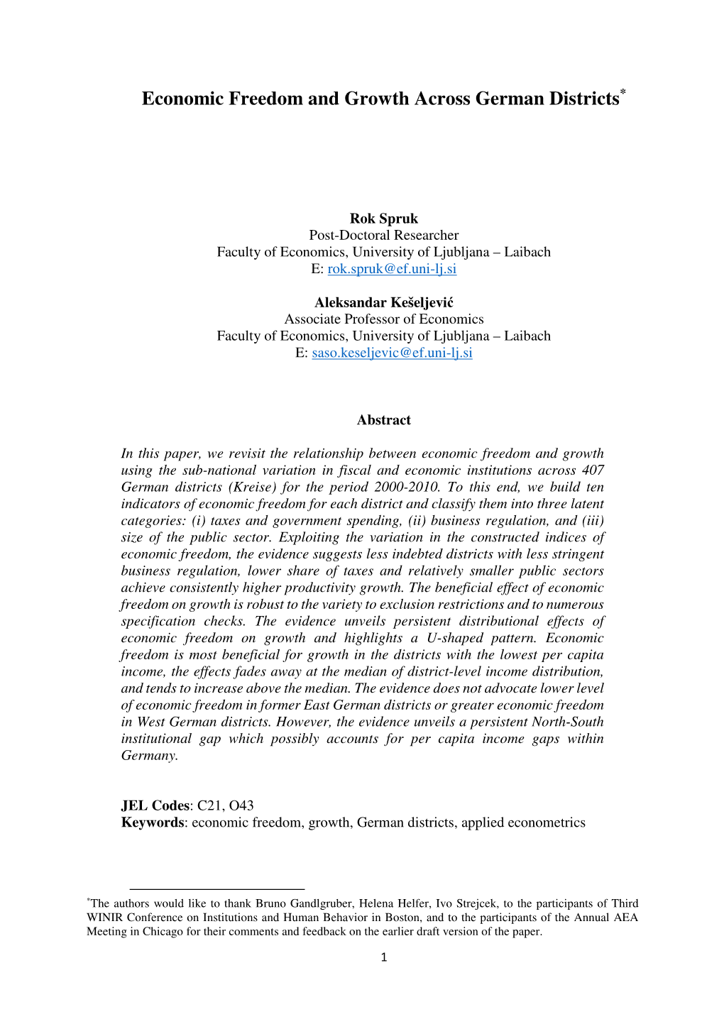 Economic Freedom and Growth Across German Districts*