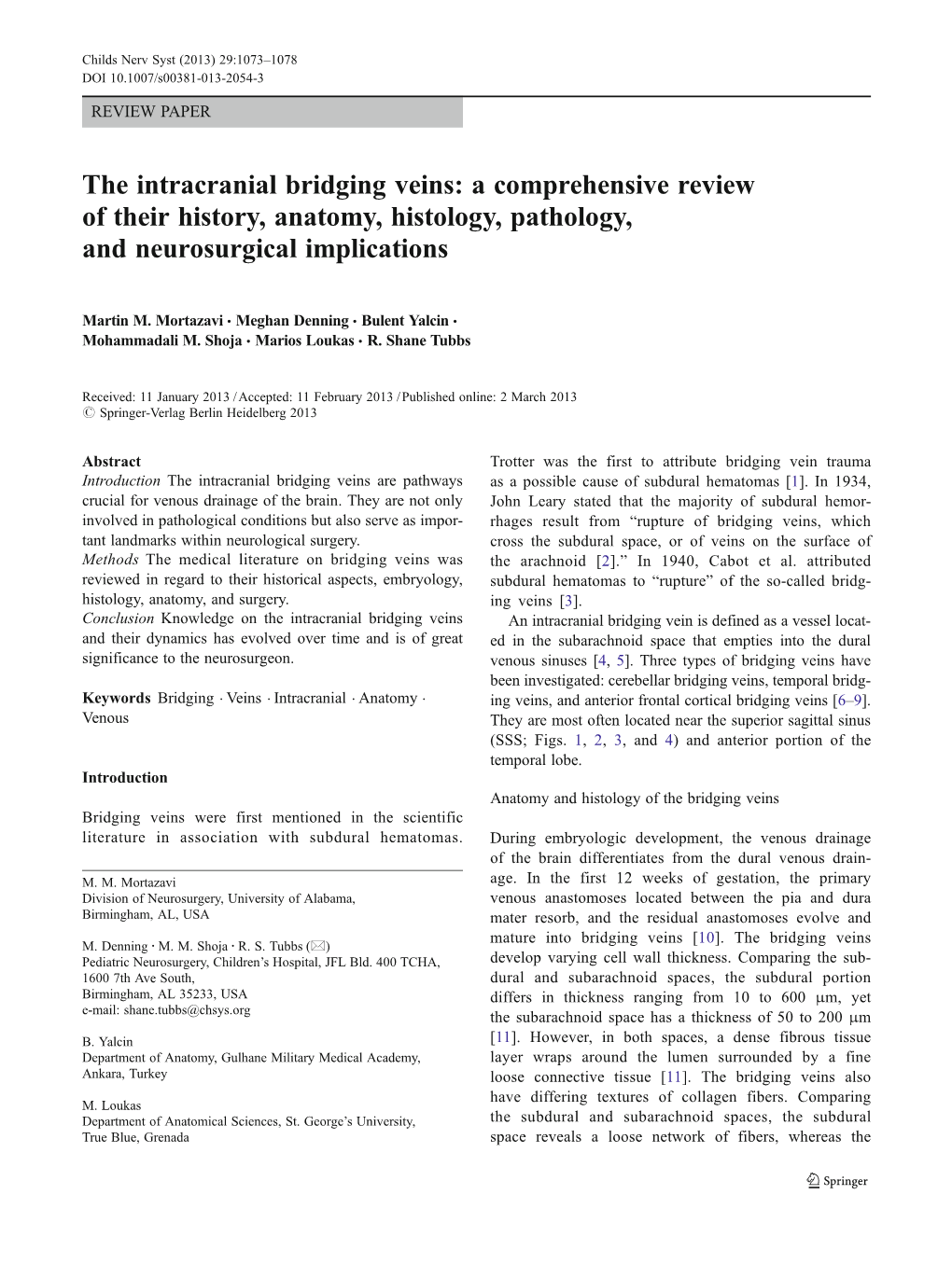 The Intracranial Bridging Veins: a Comprehensive Review of Their History, Anatomy, Histology, Pathology, and Neurosurgical Implications