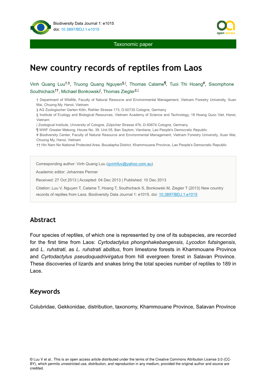 New Country Records of Reptiles from Laos