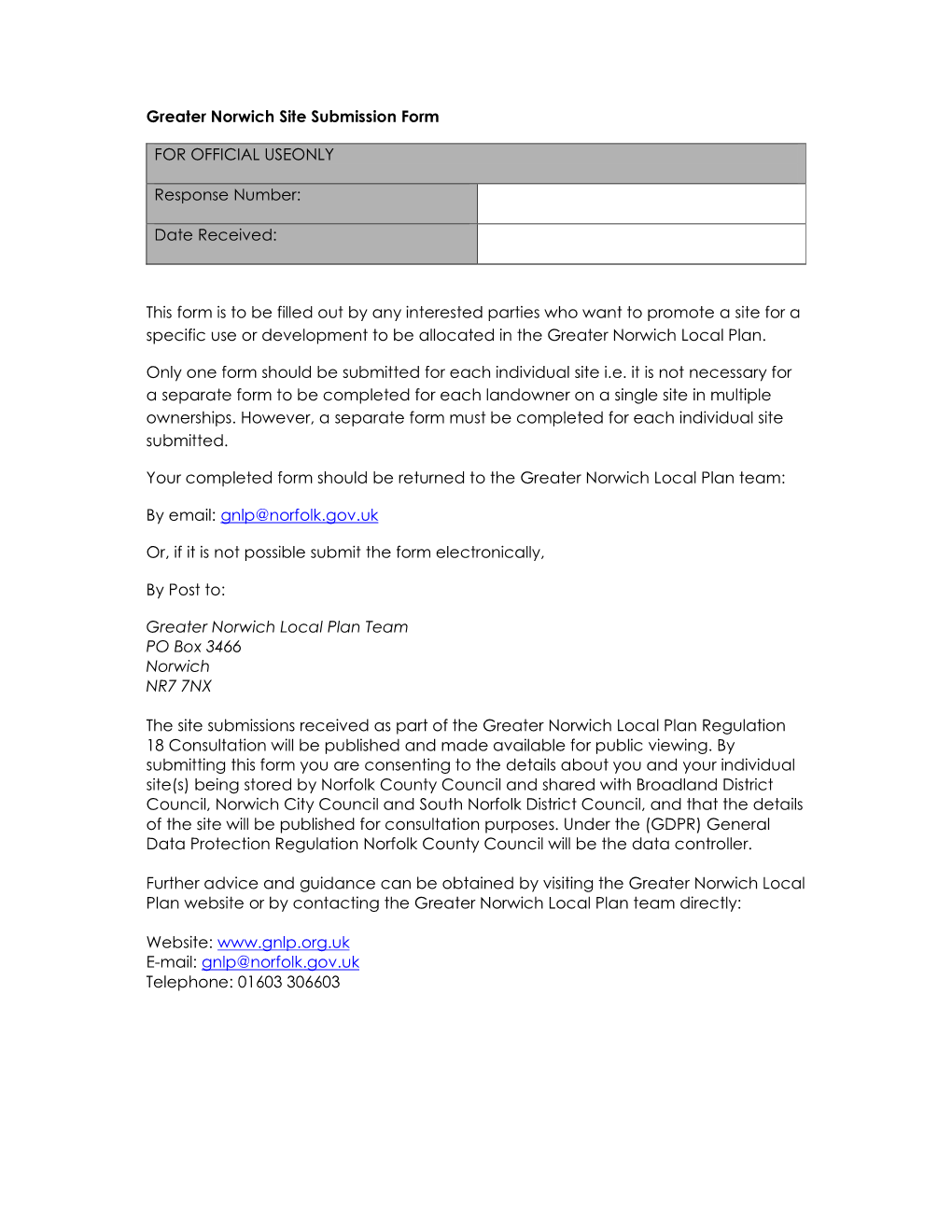 Greater Norwich Site Submission Form